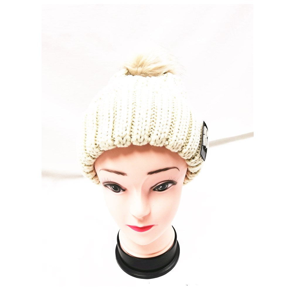 Winter Knitted Hat with Faux Fur Pom beige