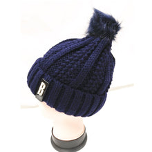 Load image into Gallery viewer, Winter Knitted Hat with Faux Fur Pom blue
