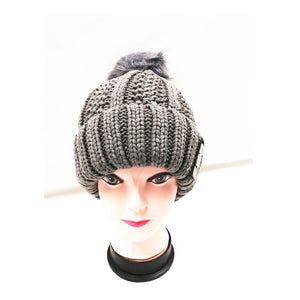 Winter Knitted Hat with Faux Fur Pom grey