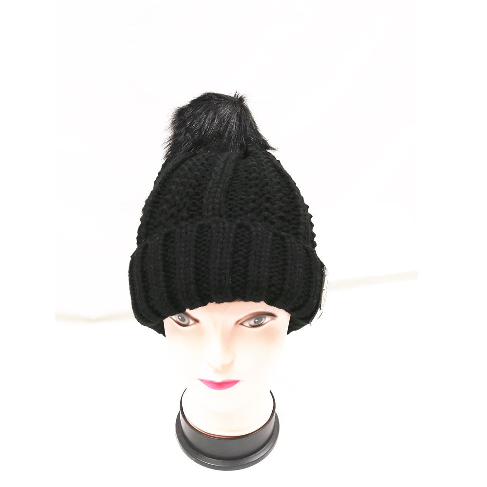 Winter Knitted Hat with Faux Fur Pom black