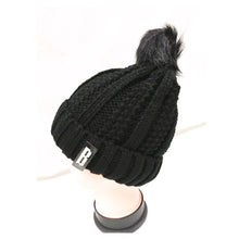 Load image into Gallery viewer, Winter Knitted Hat with Faux Fur Pom black

