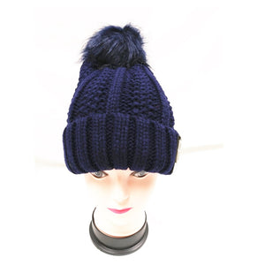 Winter Knitted Hat with Faux Fur Pom blue