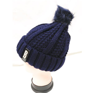 Winter Knitted Hat with Faux Fur Pom blue