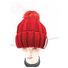 Load image into Gallery viewer, Winter Knitted Hat with Faux Fur Pom burgundy
