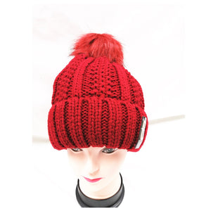 Winter Knitted Hat with Faux Fur Pom burgundy