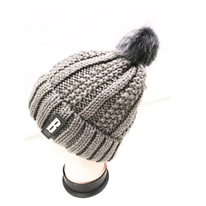 Winter Knitted Hat with Faux Fur Pom grey
