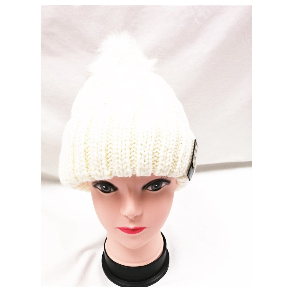 Winter Knitted Hat with Faux Fur Pom white