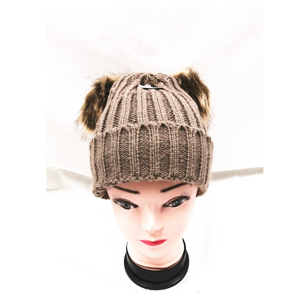 Winter Knitted Hat with Faux Fur Pom Pom brown