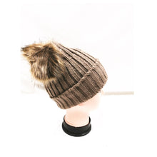 Load image into Gallery viewer, Winter Knitted Hat with Faux Fur Pom Pom brown
